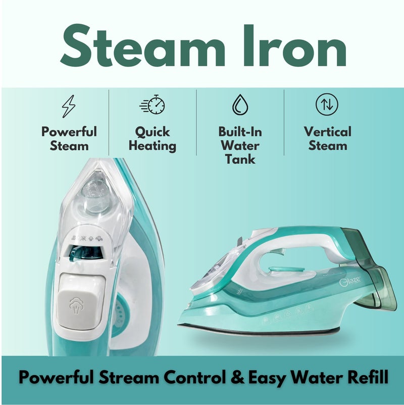 جليز مكواة بخار بقوة 3000 واط - تسخين سريع وقوي مع البخار والرذاذ، قاعدة سيراميك، تحكم قابل للتعديل في درجة الحرارة، نظام مضاد للتكلس، لون فيروزي - Image 2